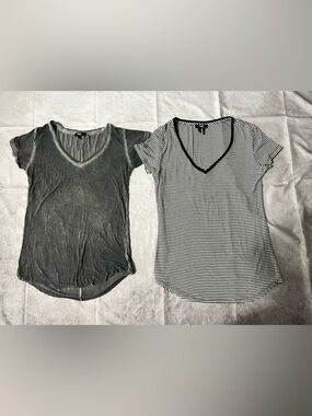 PAIGE Women's Ribbed Black V-Neck & Black-White Striped V-Neck and grey tee